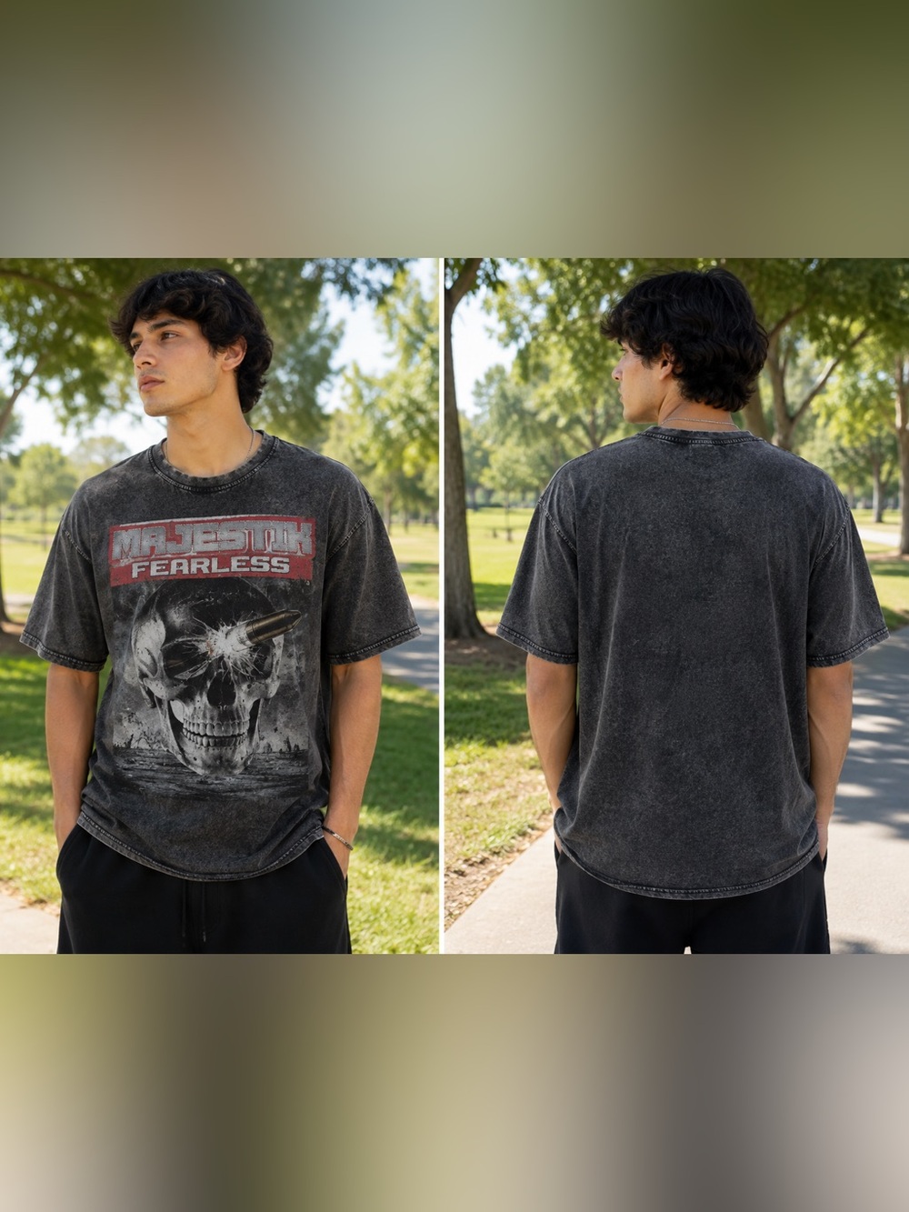 Majestik Fearless Skull Graphic Washed Black T-Shirt Unisex Vintage Wash Size M